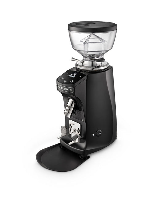 Compact Mazzer Mini coffee grinder in black with clear hopper and stainless controls, angled view