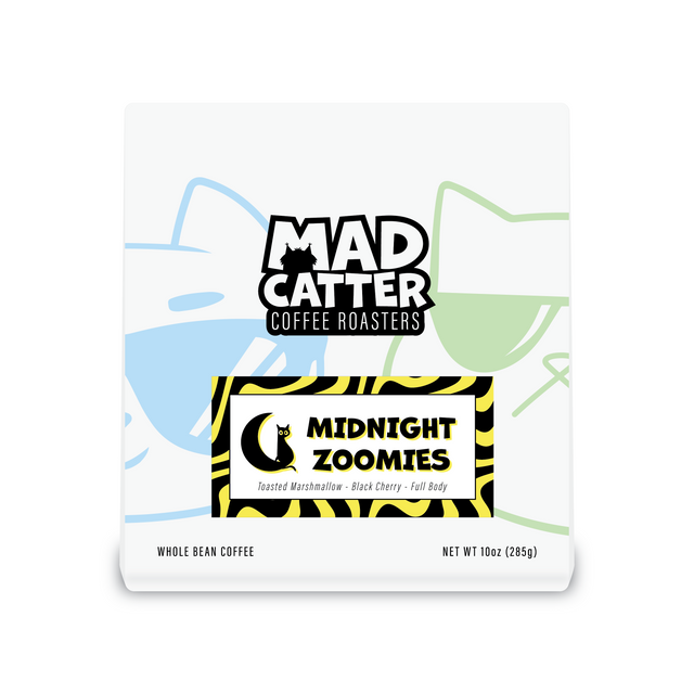 Midnight Zoomies coffee bag bold dark roast blend from Colombia and Sumatra with toasted marshmallow and black cherry notes