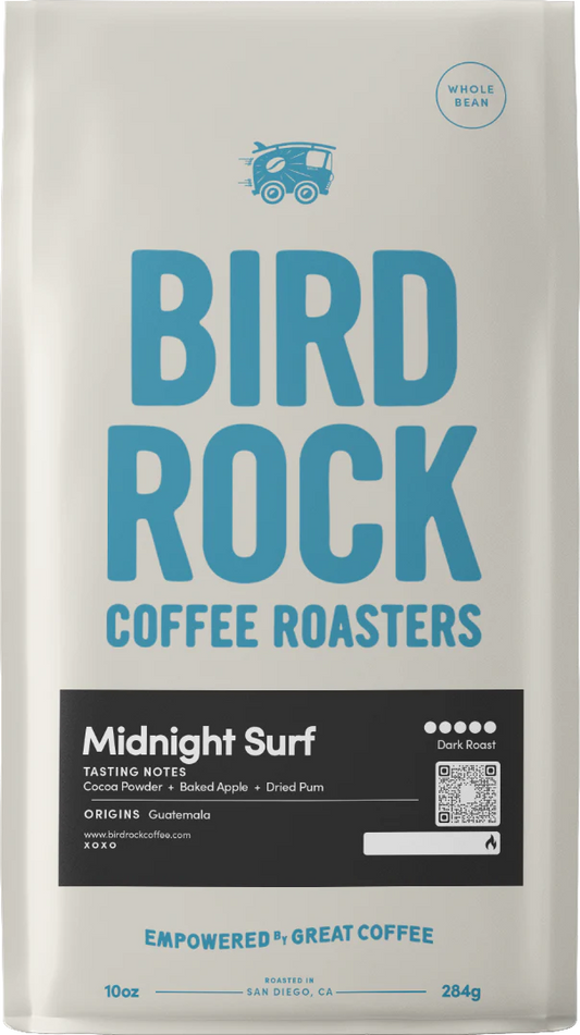 Midnight Surf dark roast coffee bag by Bird Rock Coffee Roasters with Whole Bean badge.