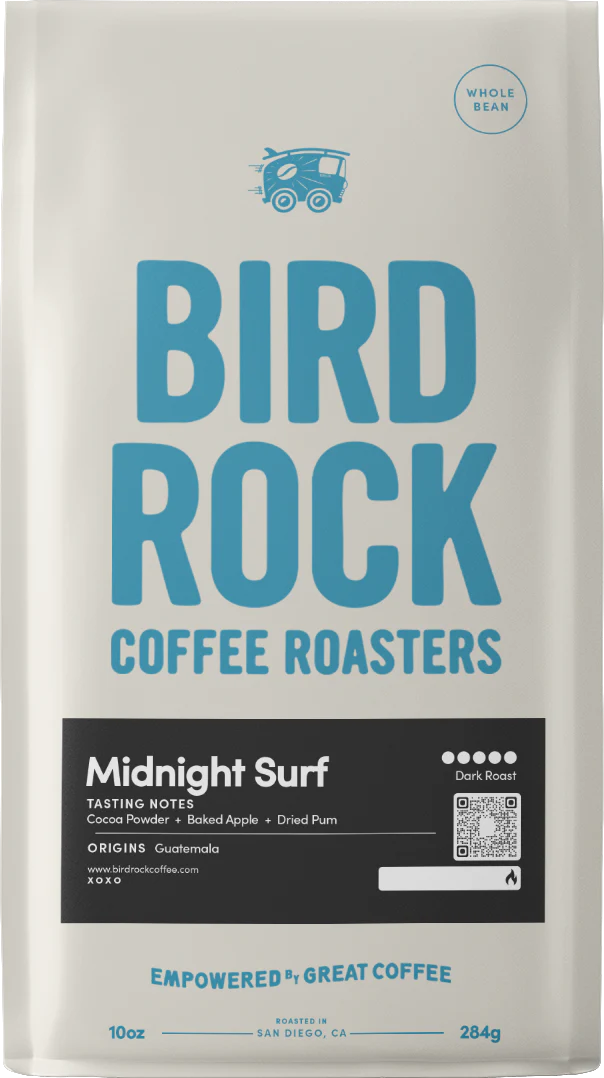 Midnight Surf dark roast coffee bag by Bird Rock Coffee Roasters with Whole Bean badge.