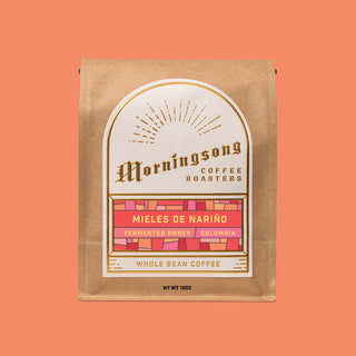 Morningsong Coffee Roasters MIELES DE NARIÑO Fermented Honey Colombia Whole Bean Coffee bag on orange background