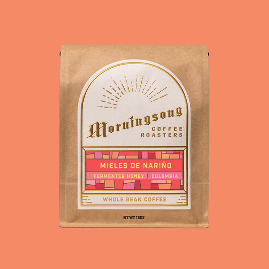 Morningsong Coffee Roasters MIELES DE NARIÑO Fermented Honey Colombia Whole Bean Coffee bag on orange background