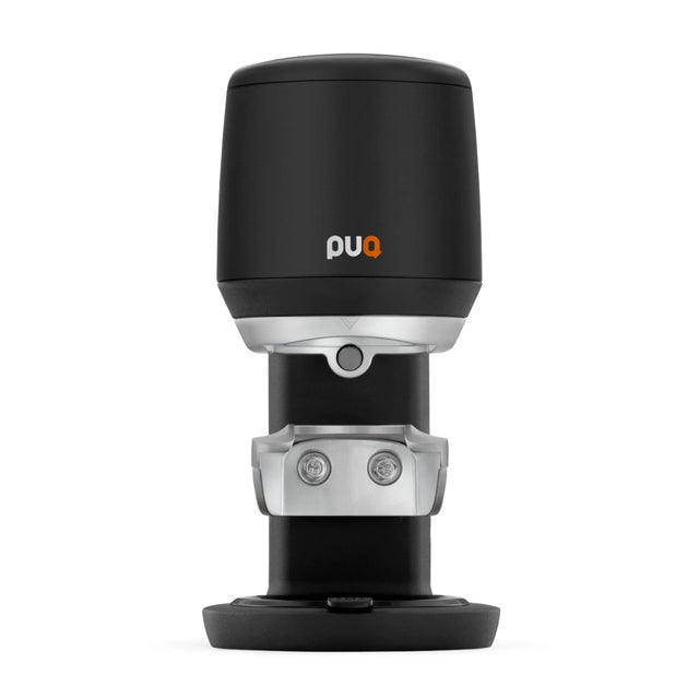 Front view of the PuqPress Mini Automatic Tamper in black knockout by Clive Coffee