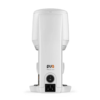 Back view of the PuqPress Mini Automatic Tamper in white knockout by Clive Coffee