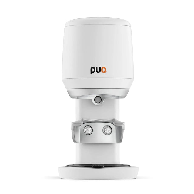 Front view of the PuqPress Mini Automatic Tamper in white knockout by Clive Coffee