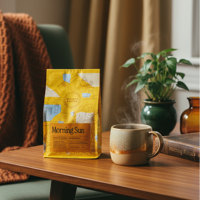 Morning Sun coffee bag from Olympia Coffee on a wooden table beside a steaming mug and a potted plant.