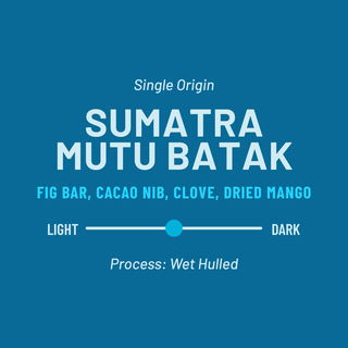 Sumatra Mutu Batak single origin label with wet hulled process and notes fig bar cacao nib clove dried mango and a roast level slider