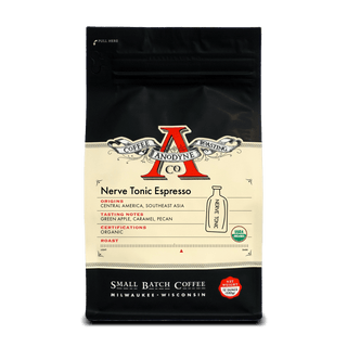 Nerve Tonic Espresso bag from Anodyne Coffee Roasting Co with cream label and bold red A logo