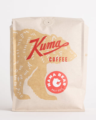 Momma Bear 50/50 Decaf Regular Blend coffee bag with King branding and half caf seal
