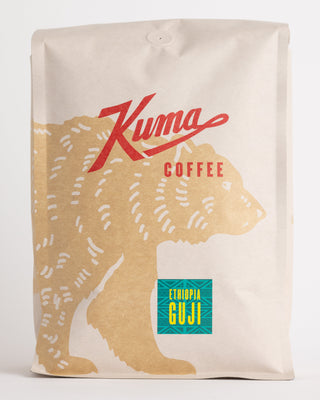 Kuma Coffee Ethiopia Guji whole bean bag with kraft paper packaging and teal label
