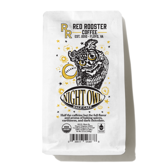 White Red Rooster Coffee Organic Night Owl Half-Caff bag with an owl illustration and organic seals
