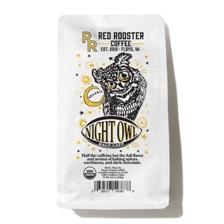 Organic Night Owl Half-Caff coffee bag showing a night owl illustration and Night Owl branding