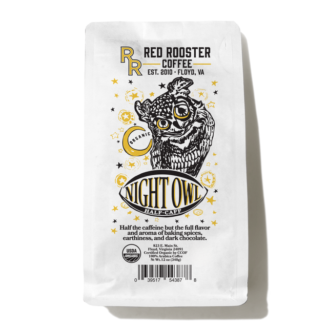 Organic Night Owl Half-Caff coffee bag showing a night owl illustration and Night Owl branding