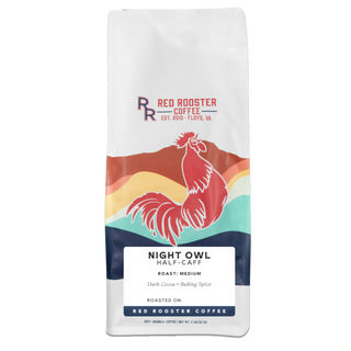 Colorful Night Owl Half-Caff coffee bag featuring bold rooster illustration