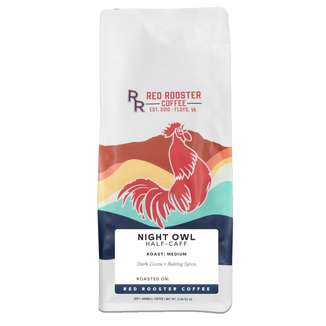 Colorful Night Owl Half-Caff coffee bag featuring bold rooster illustration