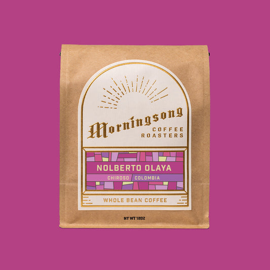 Morningsong Coffee Roasters Nolberto Olaya Chiroso Colombia whole bean bag on pink background