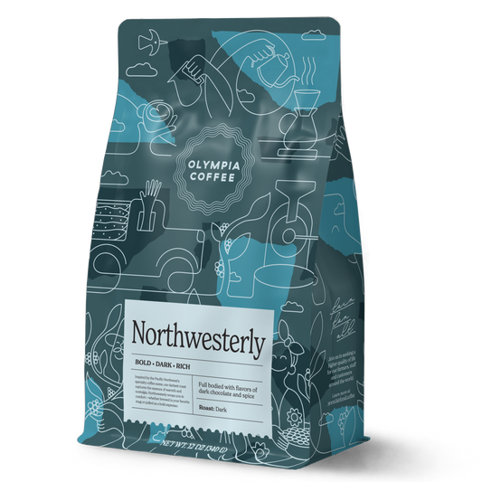 Northwesterly coffee bag featuring bold dark roast styling and teal abstract line drawings