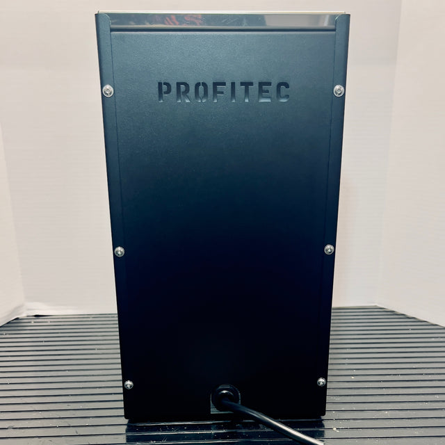 Rear view of Profitec GO espresso machine with embossed PROFITEC branding and exposed screws