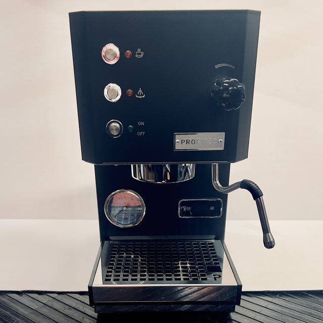 Open Box Profitec GO espresso machine front panel with knobs gauge and steam wand.