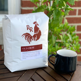 Close up of Organic Old Crow Cuppa Joe bag showing the red rooster logo and roast Medium on the label