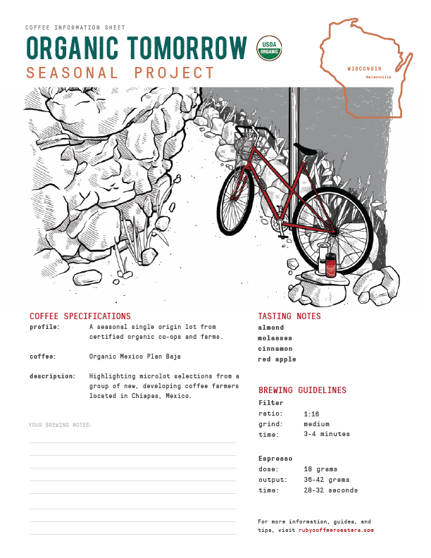 Front of Organic Tomorrow Seasonal Project label featuring a bicycle illustration and USDA Organic seal