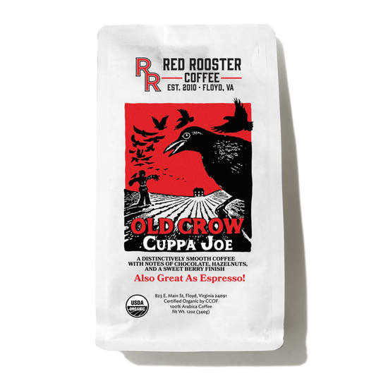 Organic Old Crow Cuppa Joe coffee bag with Red Rooster branding and bold red Old Crow artwork