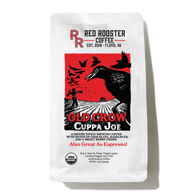 Organic Old Crow Cuppa Joe coffee bag with Red Rooster branding and bold red Old Crow artwork