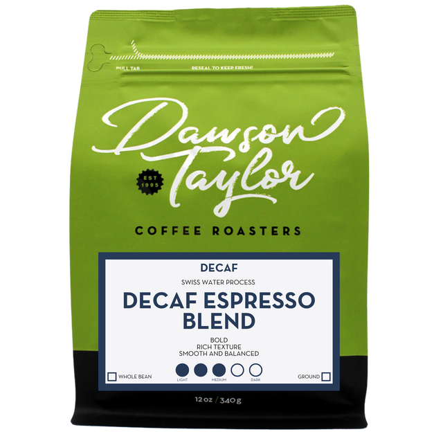 Green bag shows a blue framed label for Decaf Espresso Blend with Swiss Water Process