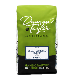 Green Dawson Taylor coffee bag with DECAF ESPRESSO BLEND and Swiss Water Process label on front.