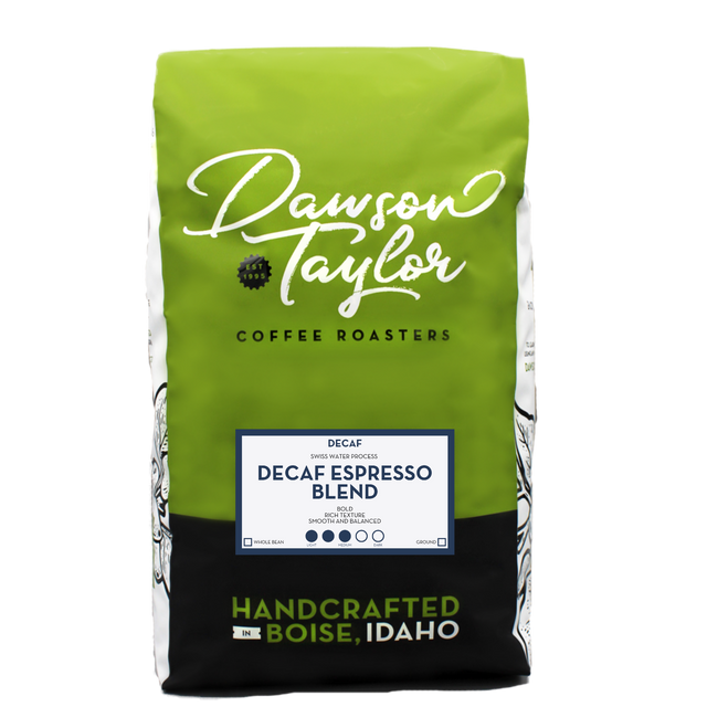 Green Dawson Taylor coffee bag with DECAF ESPRESSO BLEND and Swiss Water Process label on front.