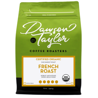 Green bag with certified organic French Roast label overlay highlighting organic roast.
