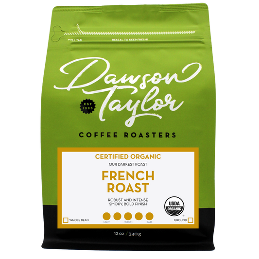 Green bag with certified organic French Roast label overlay highlighting organic roast.