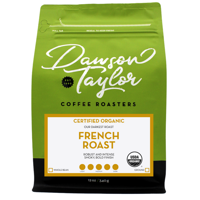 Green bag with certified organic French Roast label overlay highlighting organic roast.