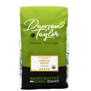 Bright green Dawson Taylor coffee bag with white script logo and a label for certified organic French Roast