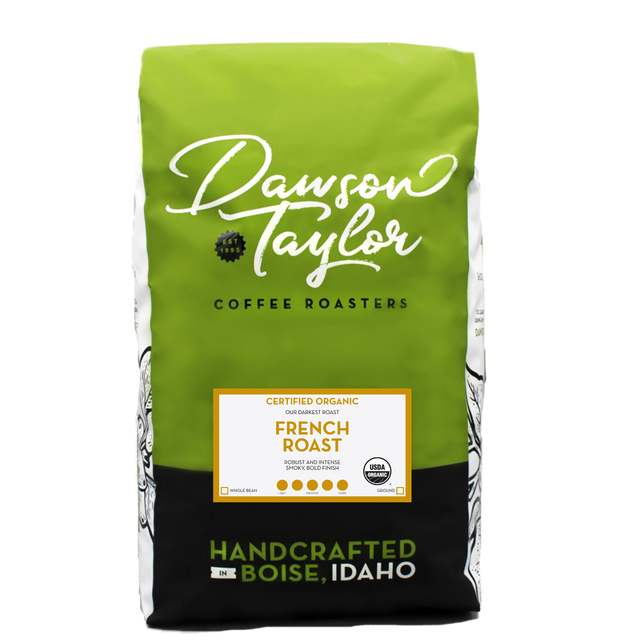 Bright green Dawson Taylor coffee bag with white script logo and a label for certified organic French Roast