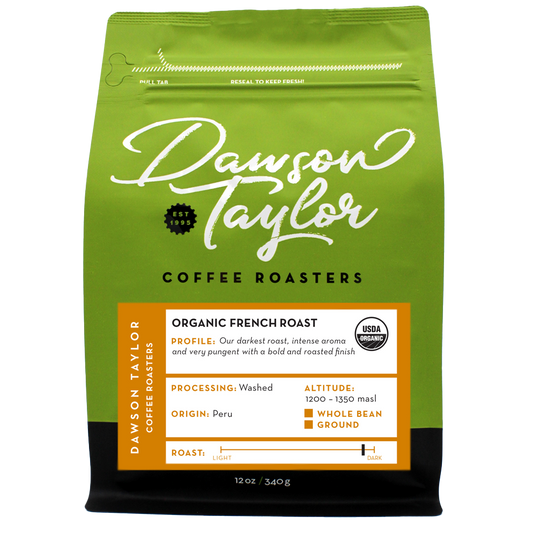 Organic French Roast bag featuring a bright green pouch with orange label and USDA Organic seal.