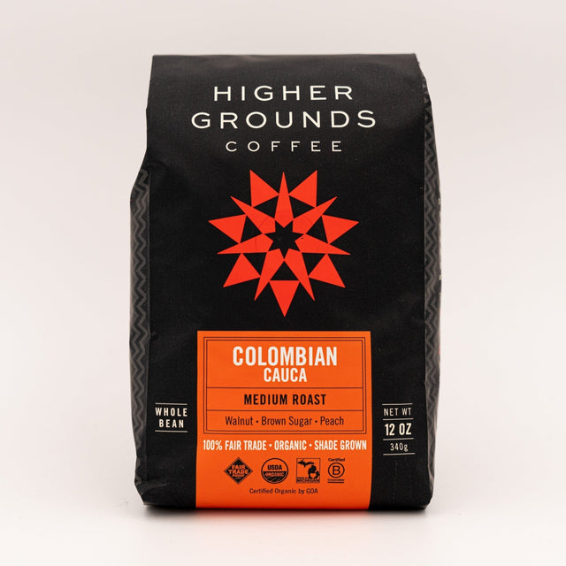 Higher Grounds Colombian Cauca coffee bag with bold orange label and red star emblem