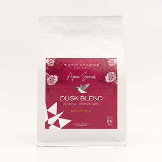 Dusk Blend Low Caffeine Apex bag featuring purple label and decorative floral artwork.