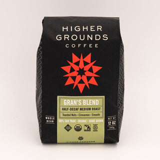 Gran's Blend Half-Decaf coffee bag by Higher Grounds with green label and red star design