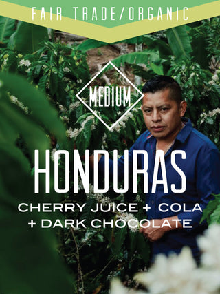 Farmer in a Honduras coffee plantation with a medium roast badge and overlaid notes of cherry juice cola and dark chocolate