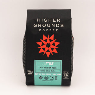 Justice coffee bag by Higher Grounds with turquoise label and red star emblem.