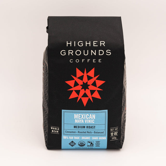 Mexican Maya Vinic coffee bag by Higher Grounds with bold white logo on black packaging