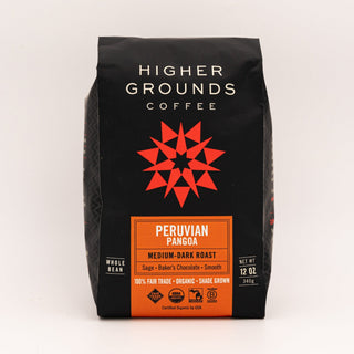 Peruvian Pangoa medium dark roast bag from Higher Grounds with orange label and a green certification panel at the bottom