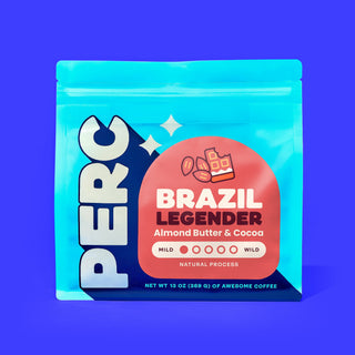 Brazil Legender coffee bag on blue background with bold branding and illustrated beans
