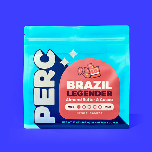Brazil Legender coffee bag on blue background with bold branding and illustrated beans