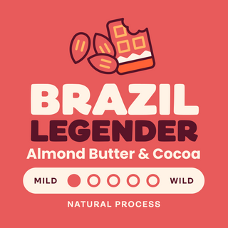 Brazil Legender coffee bag on red background displaying Almond Butter and Cocoa flavor label