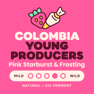Colombia Young Producers branding with a pink strawberry icon and a hand on a bright pink background.