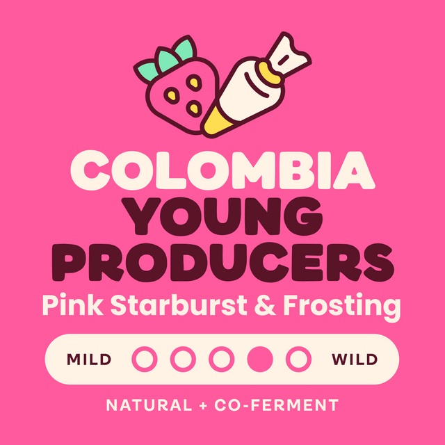 Colombia Young Producers branding with a pink strawberry icon and a hand on a bright pink background.