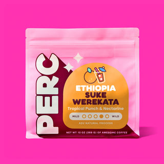 Pink Ethiopia Suke Werekata coffee bag with tropical fruit illustration.