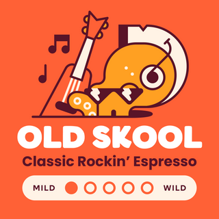 Juggernaut coffee bag art on orange background with a guitar graphic and Old Skool Classic Rockin Espresso branding